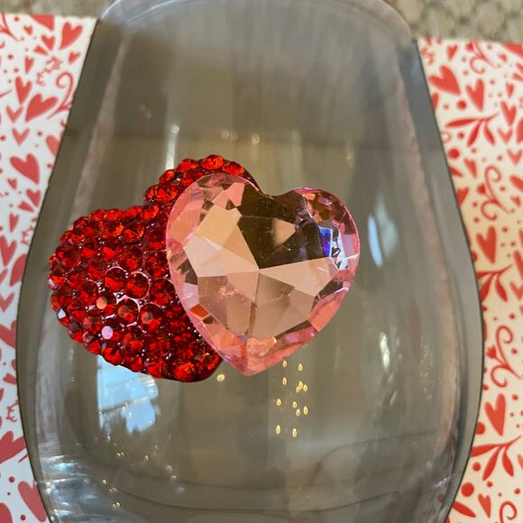 Valentines Day Jeweled HEARTS Stemless Wine Glasses Set of 2 Red & Pink New - Picture 3 of 14